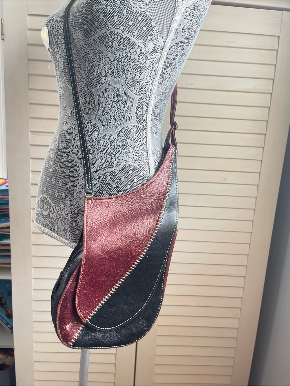 Womens Two-Tone Leather Crossbody Bag  Burgundy and Black